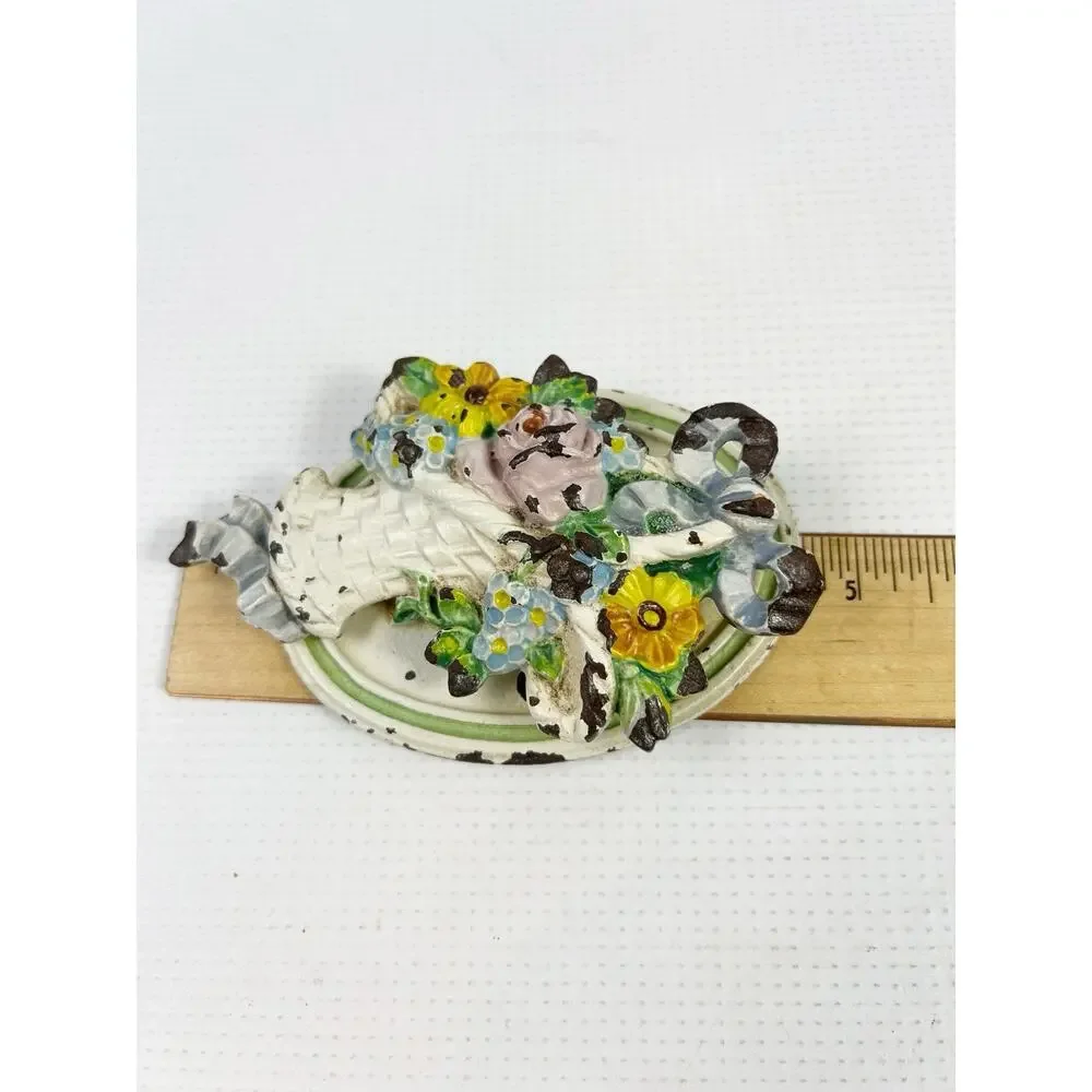 Vintage Cast Iron Flower Basket Door Knocker Cottage Wall Decor Flowers Ribbon
